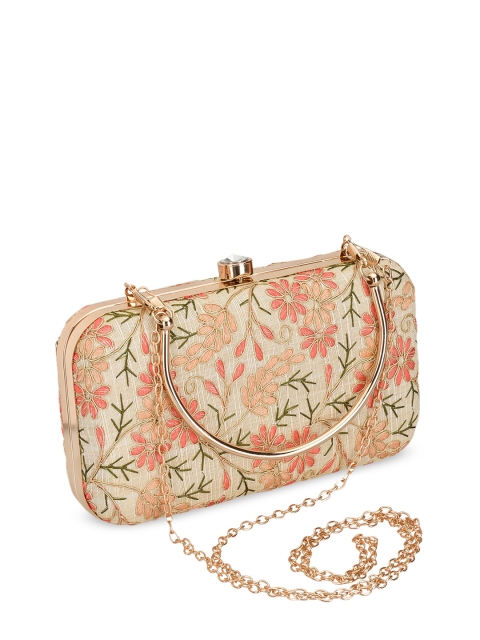 

INAAYA Cream-Coloured & Peach-Coloured Embroidered Box Clutch