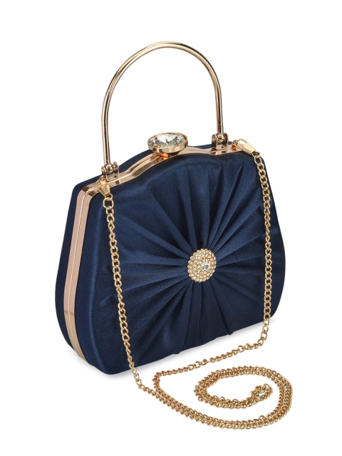 

INAAYA Navy Blue Satin Embellished Box Clutch