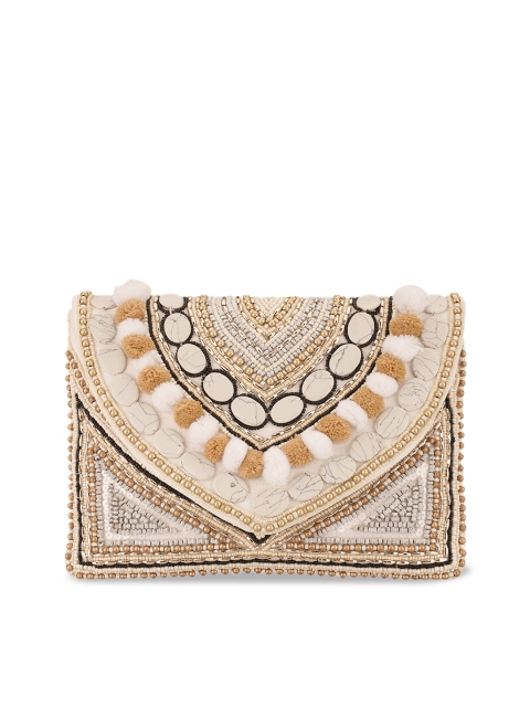 

INAAYA Women Beige & White Embellished Envelope Clutch