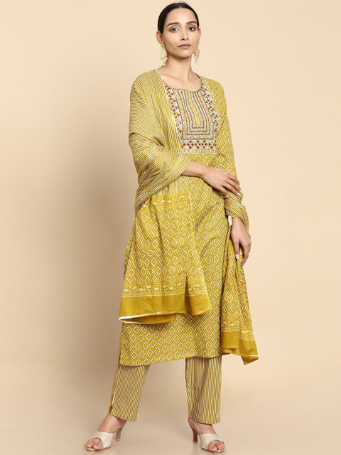 

Soch Women Mustard Yellow Ethnic Motifs Printed Mirror Work Pure Cotton Kurta with Trousers & With Dupatta