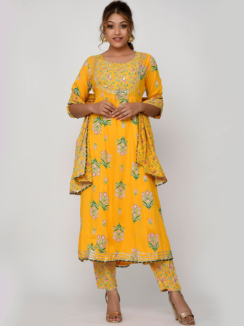 

Kesarya Women Yellow Floral Embroidered Mirror Work Kurta with Trousers & With Dupatta