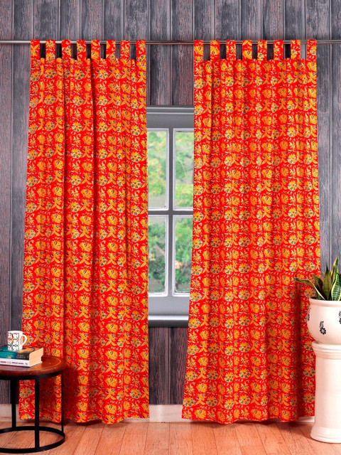 

HANDICRAFT PALACE Red & Yellow Set of 2 Floral Sheer Door Curtain
