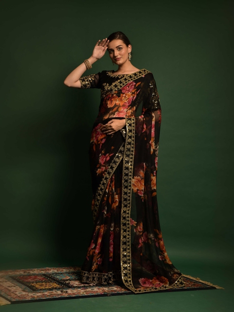 

elora Black & Gold-Toned Floral Embroidered Pure Georgette Bhagalpuri Saree