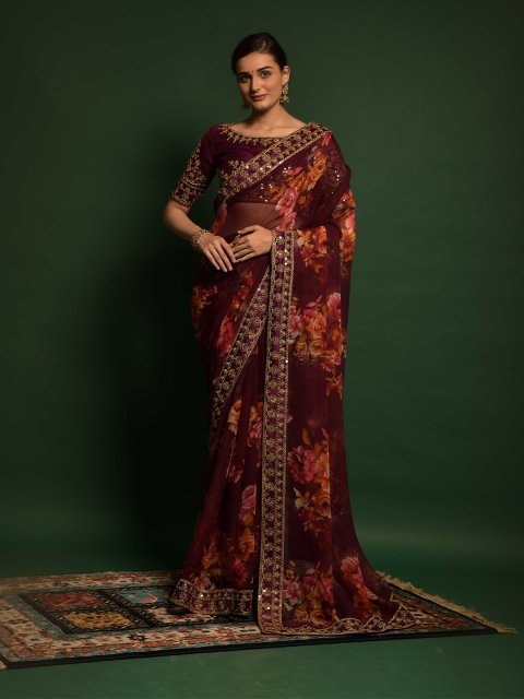 

elora Magenta & Gold-Toned Floral Embroidered Pure Georgette Bhagalpuri Saree