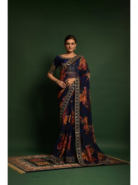 

elora Navy Blue & Gold-Toned Floral Embroidered Pure Georgette Bhagalpuri Saree