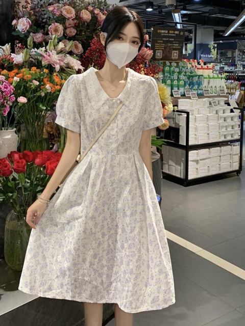 

La Aimee Women White Floral Peter Pan Collar Skirts Waist Dress