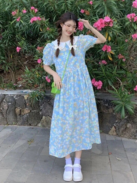 

La Aimee Women Blue Floral Peter Pan Collar A-Line Midi Dress