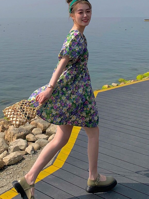 

La Aimee Green & Violet Floral Fit And Flare Dress