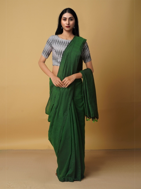

Unnati Silks Green Pure Linen Jamdani Saree