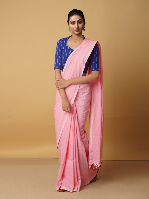 

Unnati Silks Pink & White Woven Design Pure Linen Jamdani Saree
