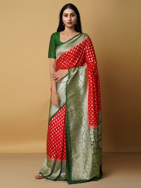 

Unnati Silks Red & Gold-Toned Woven Design Zari Silk Cotton Kanjeevaram Saree