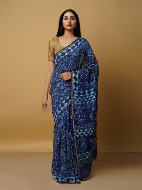 

Unnati Silks Navy Blue & White Ethnic Motifs Pure Cotton Chanderi Saree