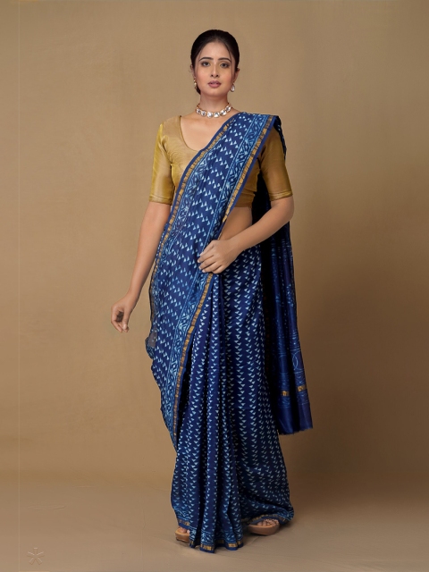 

Unnati Silks Navy Blue Ethnic Motifs Pure Cotton Chanderi Saree