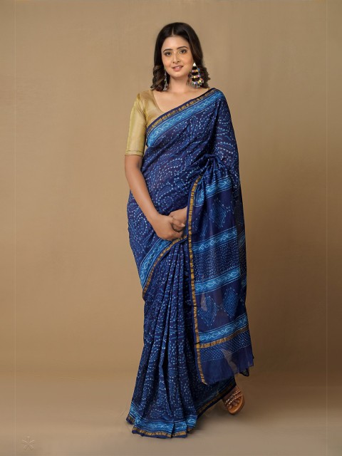 

Unnati Silks Navy Blue Ethnic Motifs Zari Pure Cotton Chanderi Saree