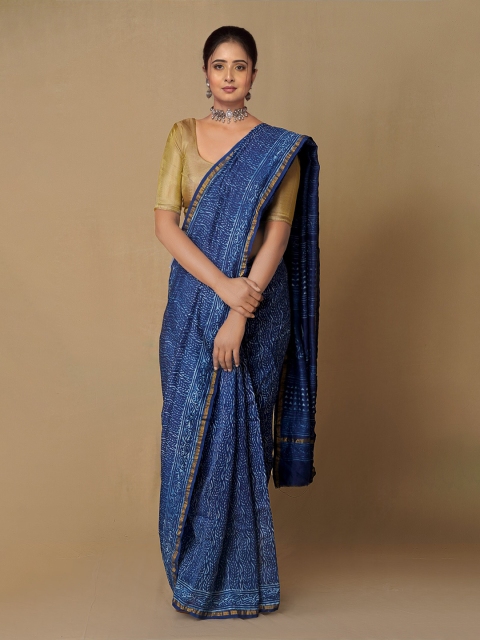 

Unnati Silks Navy Blue & Gold-Toned Ethnic Motifs Zari Pure Cotton Chanderi Saree