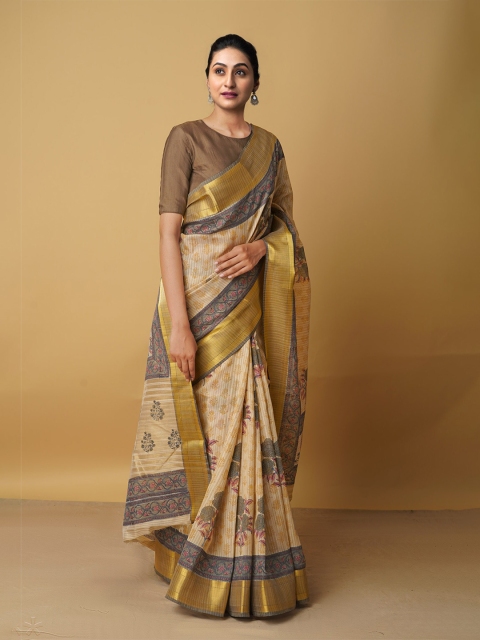 

Unnati Silks Brown & Gold-Toned Ethnic Motifs Zari Silk Blend Tussar Saree