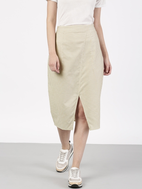 

ether Beige & White Striped A-Line Skirt
