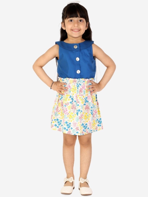 

White Dahlia Girls Blue & Off White Printed Top with Mini Skirt