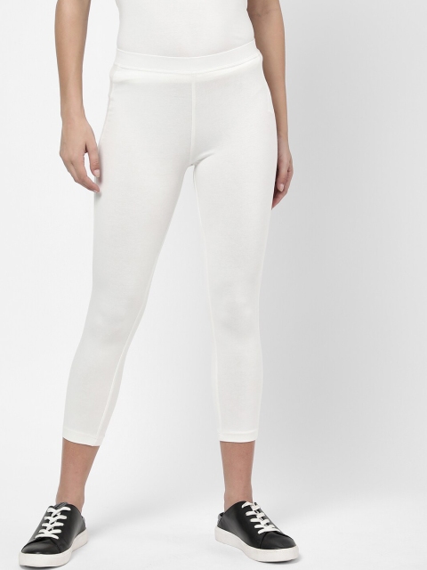 

R&B Women White Solid Cotton Three-Fourth Length Leggings