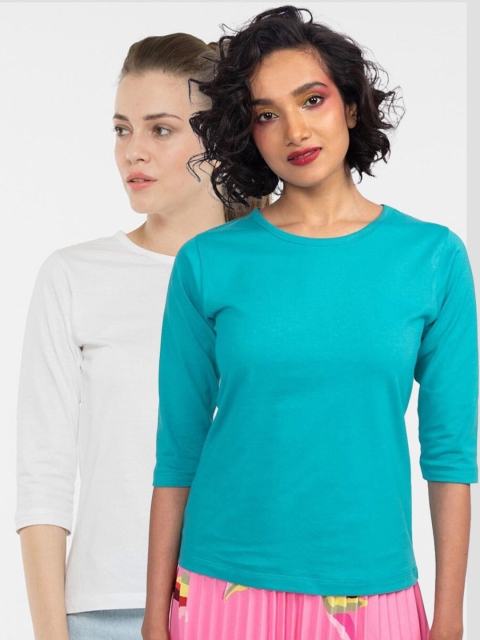 

Bewakoof Women Set Of 2 Blue & White Pure Cotton Slim Fit T-shirt