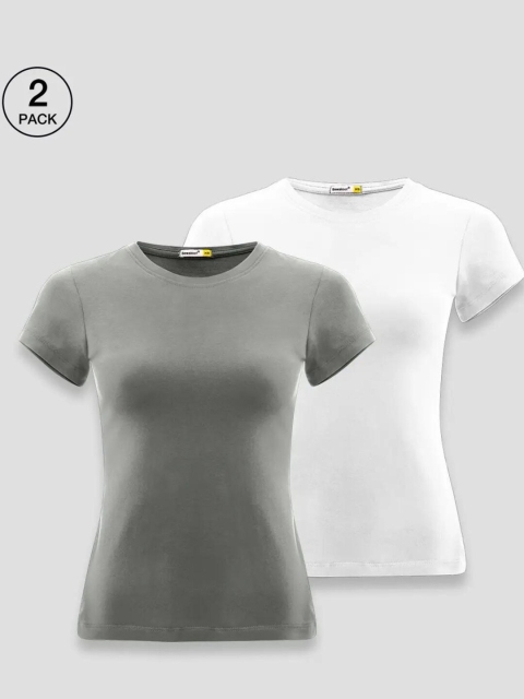 

Bewakoof Pack of 2 Women Grey & White Solid Pure Cotton Slim Fit T-shirt