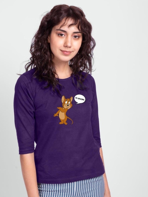 

Bewakoof Women Purple Printed Pure Cotton Slim Fit T-shirt
