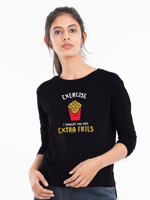 

Bewakoof Women Black Typography Printed Pure Cotton Slim Fit T-shirt