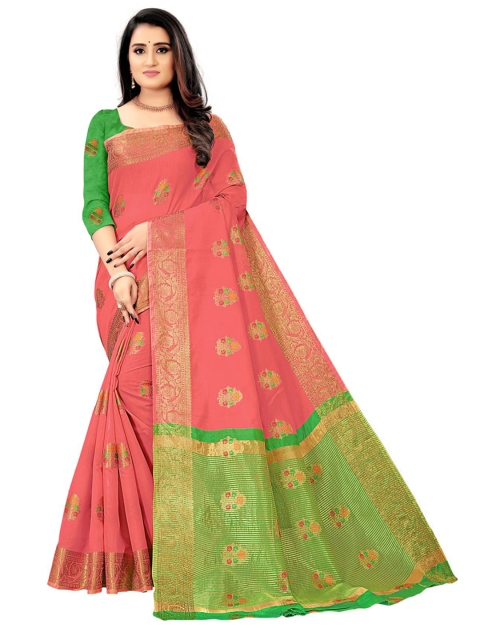

KAITHY CREATION Pink & Green Floral Zari Silk Cotton Saree