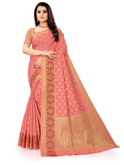 

KAITHY CREATION Pink & Red Floral Zari Silk Cotton Saree