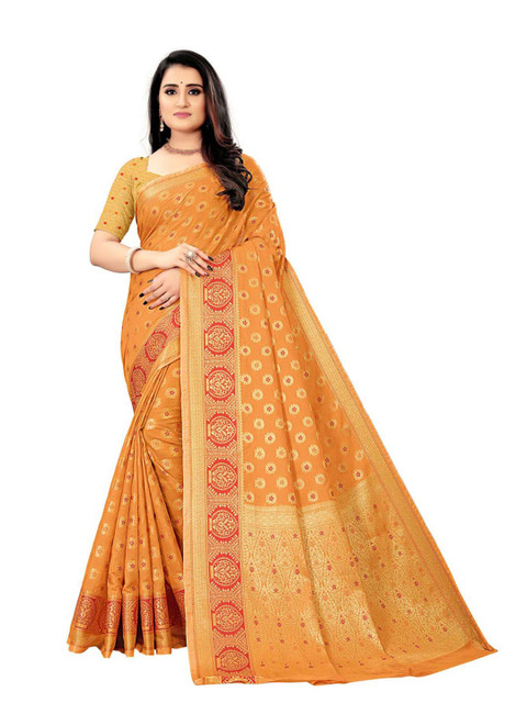 

KAITHY CREATION Mustard & Red Floral Zari Silk Cotton Saree