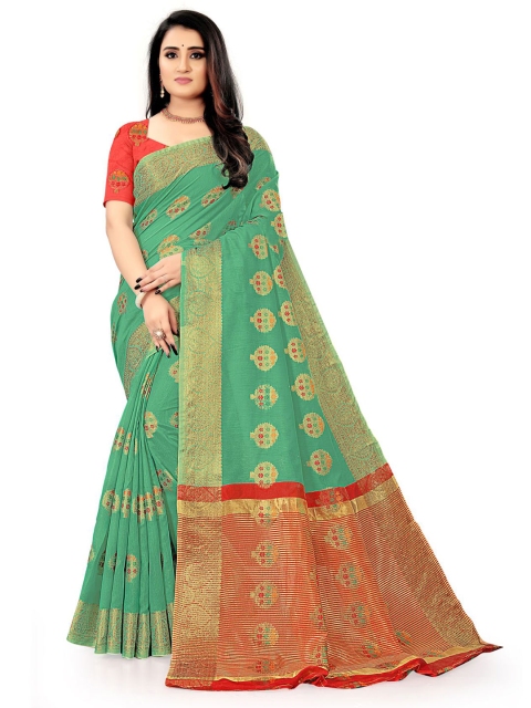 

KAITHY CREATION Green & Red Floral Zari Silk Cotton Saree