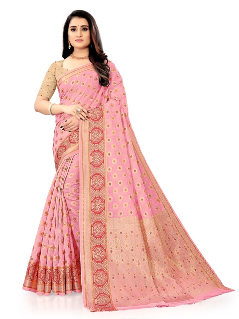 

KAITHY CREATION Peach-Coloured & Pink Floral Zari Silk Cotton Saree