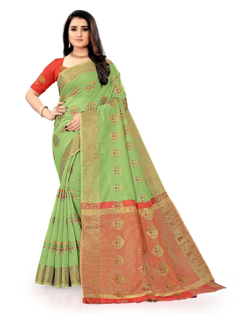 

KAITHY CREATION Green & Red Floral Zari Silk Cotton Saree
