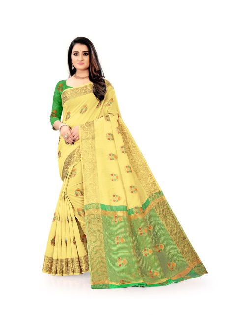 

KAITHY CREATION Yellow & Green Floral Zari Silk Cotton Saree