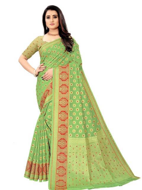 

KAITHY CREATION Green & Gold-Toned Floral Zari Silk Cotton Saree