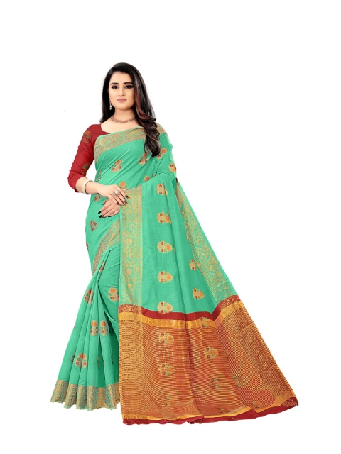 

KAITHY CREATION Green & Gold-Toned Floral Zari Silk Cotton Saree