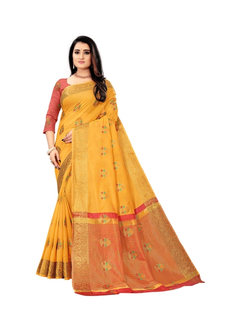 

KAITHY CREATION Yellow & Green Floral Zari Silk Cotton Saree