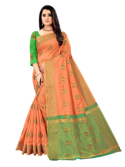 

KAITHY CREATION Peach & Green Woven Design Zari Silk Cotton Saree