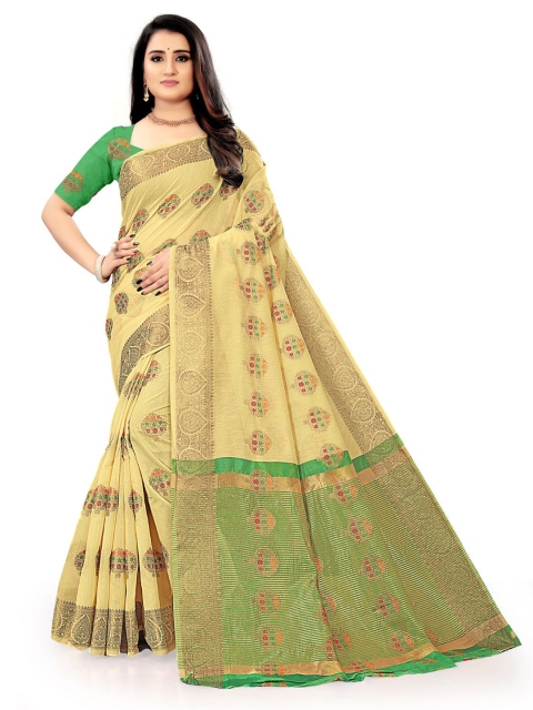 

KAITHY CREATION Yellow & Green Floral Zari Silk Cotton Saree