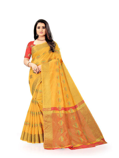 

KAITHY CREATION Orange & Red Floral Zari Silk Cotton Saree