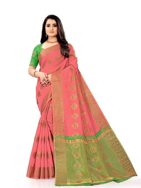 

KAITHY CREATION Pink & Green Floral Zari Silk Cotton Saree