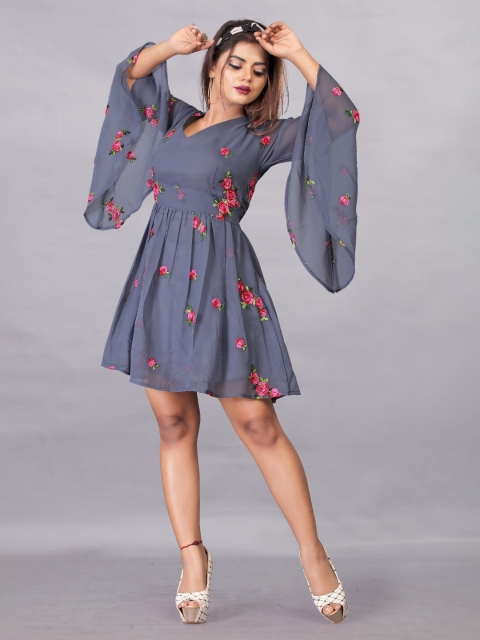 

APNISHA Grey Floral Georgette Mini Dress
