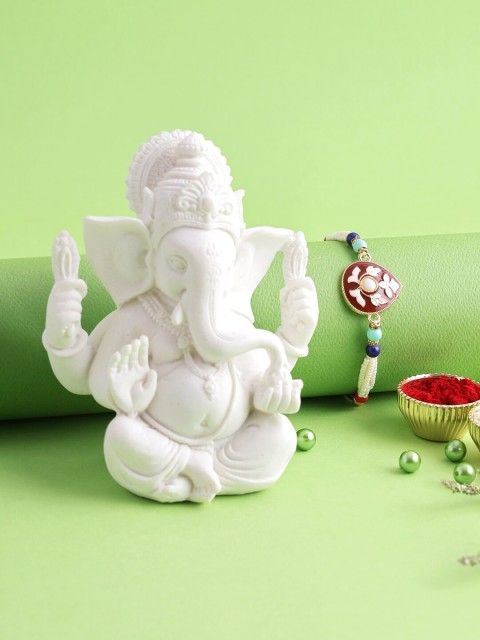 

Aapno Rajasthan White Ganesha Idol with Meena Work Rakhi Gift Set