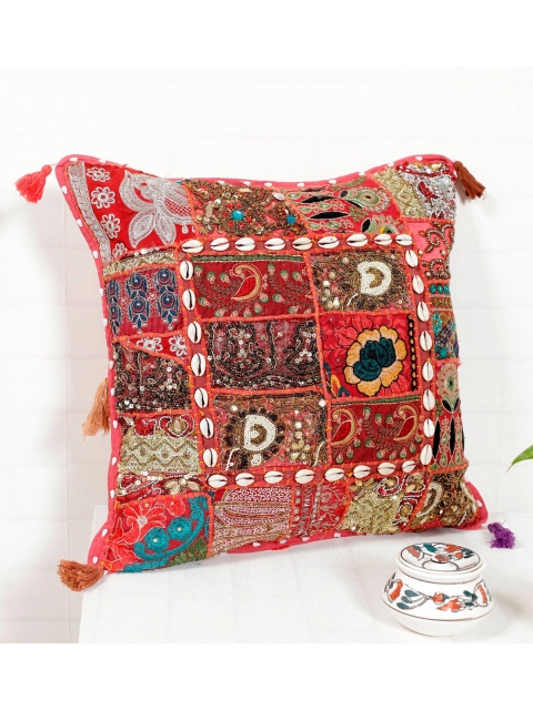 

HANDICRAFT PALACE Maroon & White Embroidered Square Cushion Covers