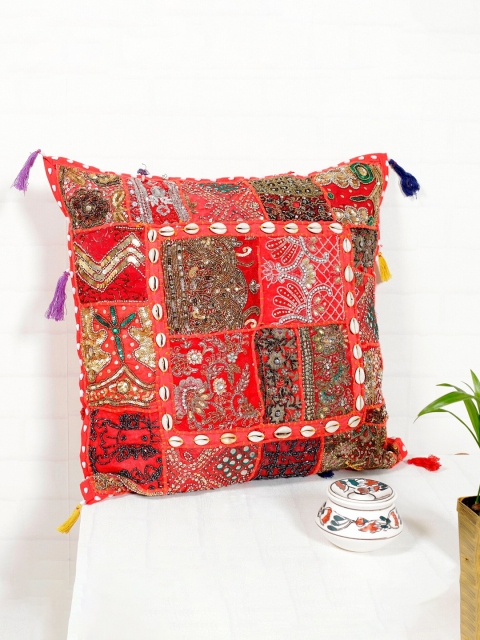 

HANDICRAFT PALACE Red & Brown Embroidered Square Cushion Covers