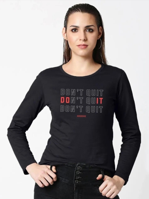 

Bewakoof Women Black Typography Printed Pure Cotton Slim Fit T-shirt