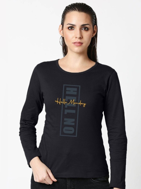 

Bewakoof Women's Black Printed Pure Cotton Applique Slim Fit T-shirt