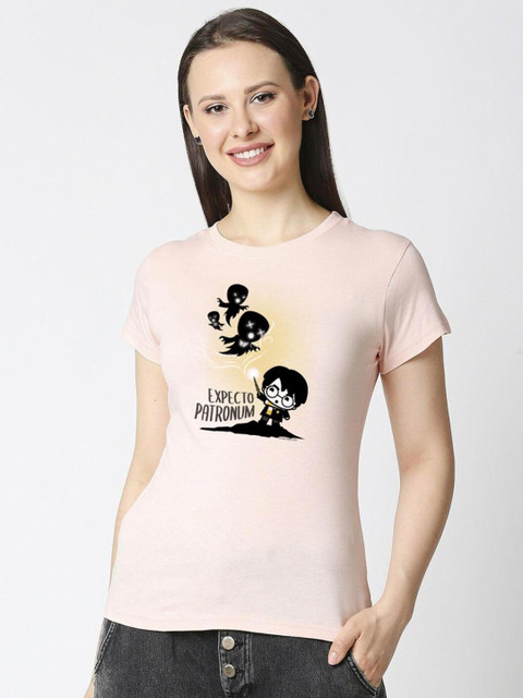 

Bewakoof Women Pink Typography Printed Pure Cotton Slim Fit T-shirt