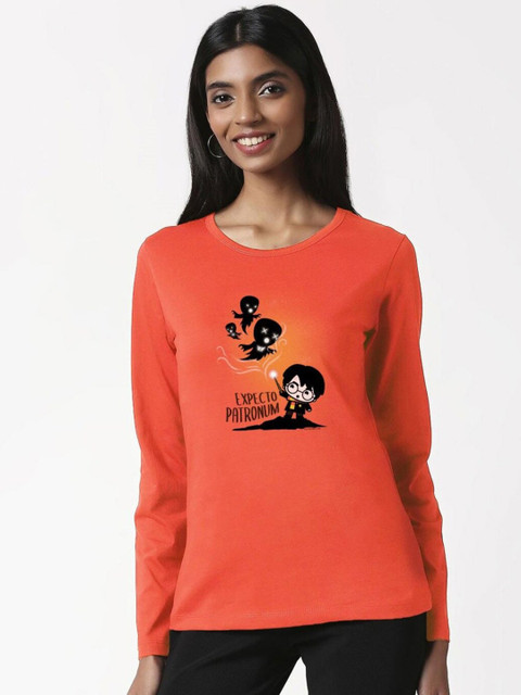 

Bewakoof Women Orange Printed Drop-Shoulder Sleeves Pure Cotton Slim Fit T-shirt