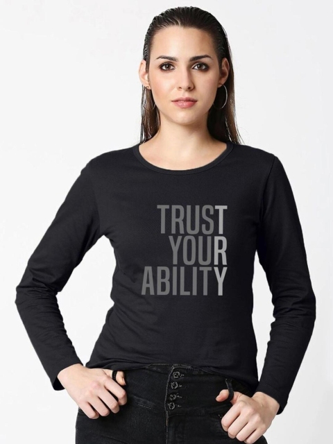 

Bewakoof Women Black Typography Printed Pure Cotton Slim Fit T-shirt